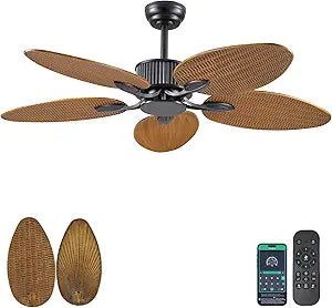 Wiviniya 50 Inch Tropical Ceiling Fan no Light, Palm Leaf Waterproof Outdoor Ceiling Fans for Patios Porch, Remote/APP Control, Wet Rated, 6 Speeds, Reversible Quiet DC Motor, Wood Grain