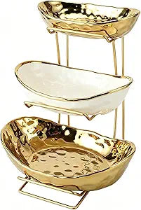 3 Tier Ceramic Fruit Bowl for Kitchen Counter with Metal Rack, Fruit Basket with Stand, Porcelain Bowls for Vegetable Bread Candy Snack Nuts Dessert Cake Tray (Gold 3 Layer)