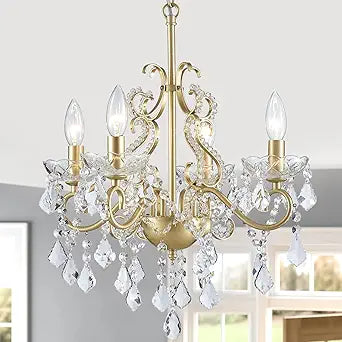 Mini Crystal Chandelier, Modern K9 Crystal Chandeliers for Dining Room, 4-Lights Gold Pendant Ceiling Light Fixture for Entryway Kitchen Island Bathroom Bedroom Living Room, H 21" x W 17.7"