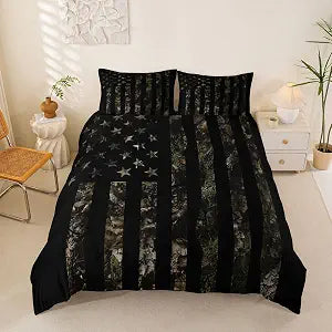 Erosebridal American Flag Camo Duvet Cover Queen Rustic Branches Tree Camouflage Bedding Set for Boys Men Kids Teens Military Hunting Bedspread Cover Nature Conifer Oak Leaves Bed Set with Zipper