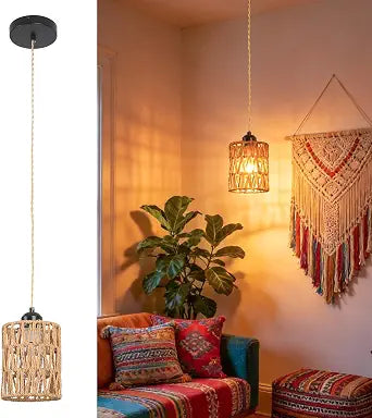 Finktonglan 5.9-Inch Boho Rattan Pendant Light, E26, Adjustable Cord
