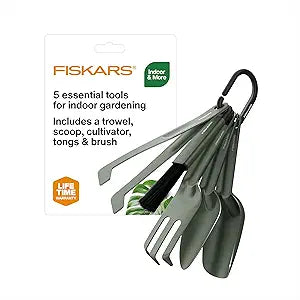 Fiskars 5-Piece Plant Cultivating Tool Set, Nesting Trowel, Soil Scoop, Cultivator, Tongs & Brush for Indoor Gardening, Stainless Steel w/Green Powder Coat Finish, Space Saving Design for Houseplants