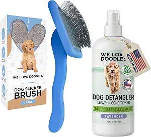 We Love Doodles Large Slicker Brush & Lavender Detangler Spray Pack - for Long-Haired Dogs, Dog Leave-In Conditioner for Reducing Mats, Knots & Tangles, Dematting & Conditioning Kit, 16 oz