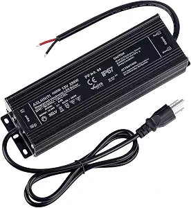 Waterproof IP67 LED Transformer - 250W 12V, 110V AC to 12V DC Low Voltage Output with 3-Prong Plug, 3.3 Feet Cable for LED Light, Computer Project, Outdoor Light