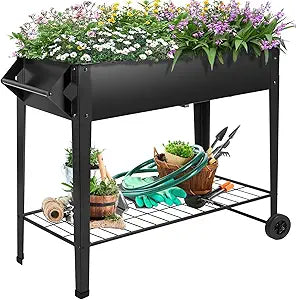 32" Rolling Raised Garden Bed with Wheels, Heavy Duty Metal Elevated Planter Box, Outdoor Flower Cart Plant Stand, Raised Planter with Storage Shelf for Patio Balcony Backyard Growing