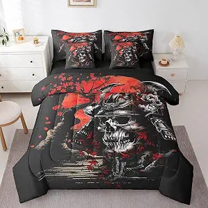 Erosebridal Japanese Samurai Queen Comforter Set 7 Piece,Gothic Skull Bedding Set with Sheets,Cherry Blossom Floral Bed in a Bag for Kids Boys Oriental Bed Set with Fitted+Flat Sheet,Pillowcases