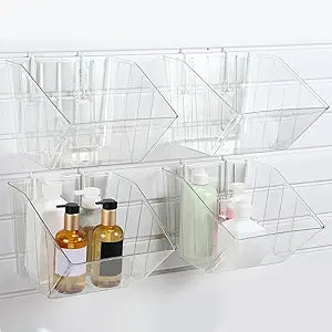 FoldTier 4 Pcs Slatwall Bins with Hooks, Plastic Wall Mounted Storage Bins Slatwall Accessories Organizer Containers for Organizing Hardware Tool Garage Wall DIY Craft Workbench(Clear)
