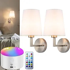 Battery Operated Wall Sconces Set Of Two, 10000mAh Rechargeable Wireless Wall Lights with Remote Control, 10 RGB Dimmable Sconce Wall Decor For Bedroom Living Room Hallway, No Electrician Required