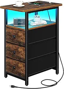 Yoobure End Table with Charging Station, LED Narrow Side Table Bedside Table, Small Night Stand End Tables Living Room, Skinny Nightstand with 3 Fabric Drawers, Side Tables Bedroom for Small Spaces