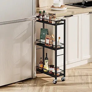 MAHANCRIS Slim Rolling Cart, Mobile Kitchen Cart on Wheels, Narrow Storage Cart for Small Space, Small Bar Cart, for Bathroom, Laundry, Living Room, Black RCHB1501