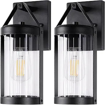 Brightever Outdoor Wall Light Fixtures, Waterproof Matte Black Exterior Wall Lantern Sconce Porch Lights, Outside Lighting with Clear Ribbed Glass for House, Garage, Front Door, 2-Pack