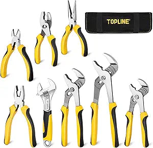 TOPLINE 8-Piece Pliers and Wrench Set, 8 Adjustable Wrench, 12, 10, 8 Groove Joint, 7 Linesman, 6 Slip Joint, 6 Long Nose, 6 Diagonal Pliers for Home Repair, Rolling Pouch Included