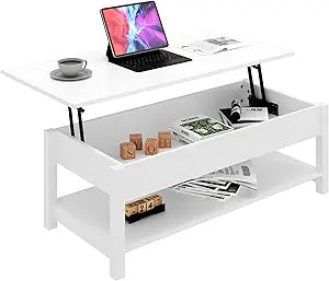 Panana Lift Top Coffee Table with Hidden Compartment and Open Shelf, Lift Tabletop Pop-Up Coffee Table for Living Room, 45.28" L, White