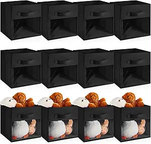 Marsui 12 Pcs Clear Cube Storage Bins Black Collapsible Kids Storage Bins Fabric Classroom Organizer with Window for Kid Playroom Room Daycare Nursery