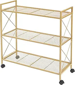 SONGMICS 3-Tier Metal Storage Rack with Wheels, Mesh Shelving Unit with X Side Frames, 31.5-Inch Width, for Entryway, Kitchen, Living Room, Bathroom, Industrial Style, Metallic Gold UBSC183A01