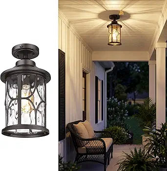 zeyu Outdoor Flush Mount Ceiling Light, 14.6 Inch Dusk to Dawn Modern Ceiling Light Fixture with Photocell Sensor, Oil Rubbed Bronze Finish, Water Ripple Glass, ZX48MF PC ORB-WG