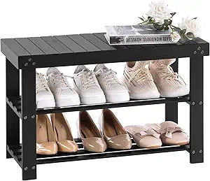 Apicizon Bamboo Shoe Rack for Entryway, 3-Tier Shoe Rack Bench for Front Door Entrance, Small Shoe Organizer with Storage, Black
