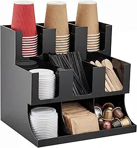 Maxdot Cup and Condiment Station, Acrylic Coffee Condiment Dispenser with 9 Compartments for Cups Lids Pods Sugar, 13''l x 11''w x 13''h, for Bar Kitchen Home Office Breakroom Countertop, Black