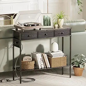 38" Entryway Table Console Table with 3 Fabric Drawers, Small Entry Way Table with Power Outlets, Bamboo Narrow Sofa Table with Storage Shelves for Living Room, Hallway, Foyer, Entrance, Black