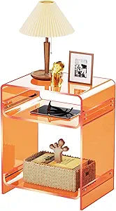 Acrylic End Table Record Player Table with Storage Shelf Clear Side Table Nightstand, Orange | Storage Shelf