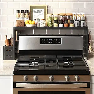 Bamboo Stove Shelf, Spice Shelf for Kitchen Stove, 31in Over the Stove Shelf, Stove Top Shelf for Back of Stove with EVA Kitchen Liner, Utensil Holder & 6 Hooks, for Over Stove(Black)