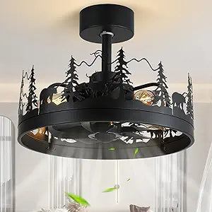 Rustic Ceiling Fans with Lights and Remote, Black Caged Ceiling Fan with Bear and Deer Design, Outdoor Fandelier, Reversible DC Motor18 inch Farmhouse Chandeliers for Kitchen, Bedroom, Hallway