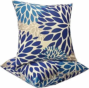 JMGBird Outdoor Throw Pillow Covers 18x18 Inch, Waterproof Decorative Pillows with Inserts, Blue Mandala Flower Pattern Cushions for Patio Garden, 2 Pack