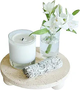 100% Natural Travertine Footed Tray  Round Stone Display Pedestal Stand Riser with 3 Ball Legs, Neutral Decorative Catchall for Vanity, Kitchen, Bathroom, Living Room, Soap, Perfume, Candle, 7.9''
