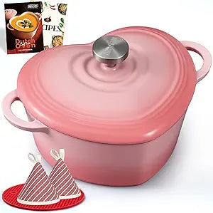 Overmont Heart-Shaped Enameled Cast Iron Dutch Oven, 2QT Pink Mini Pot with Lid for Cozy Meals, Soups & Small Batch Baking, Cute Kitchen Cookware Gift for Wedding, Housewarming & Birthday