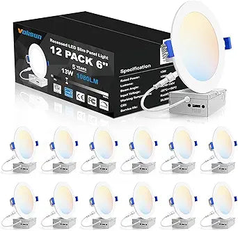 VOLISUN 12 Pack 6 inch Recessed Lighting, 5CCT LED Recessed Light with Junction Box, 2700K-5000K Selectable, 13W Eqv 120W, 1080LM Dimmable Canless Wafer Downlight, LED Ceiling Light ETL Certificated