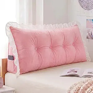 Leinuosen 39 in Ruffle Headboard Pillow for Dorm Twin XL College Bed Reading Bolster Dorm Velvet Triangular Bed Backrest Pillow Cushion for College Reading Support(Pink)