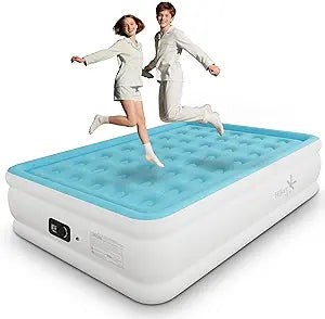 Full Air Mattress with Built-in Pump, Single Air Bed with Portable Storage Bag, Suitable for Home and Guests, Top Flocking, 18" Full Sky Blue