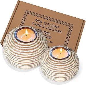 Tuva Orb Candle Holders (Gift Boxed Set of 2), Table Centerpieces for Dining or Living Room, Spa, Bathroom, Kitchen Counter, Mantle or Coffee Table Decor (Light Brown and White)