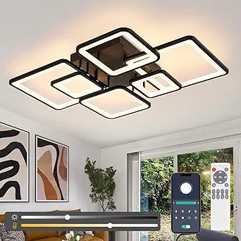 31.5''Dimmable Modern LED Ceiling Light Black 6Rings Square Ceiling Lamp 3000K-6500K Flush Mount Ceiling Lightwith Remote for Dining Room, Kitchen, Living Room