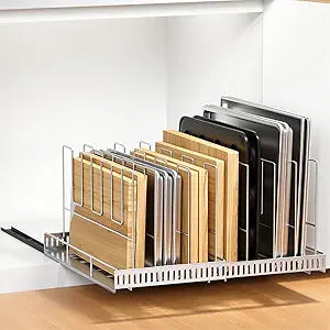 Housolution Pull Out Stainless Steel Baking Tray and Cookie Sheet Organizer, 13"-22" Width Expandable Cutting Board Holder with 8 Adjustable Dividers, 21.5" Deep Bakeware Rack for Cabinet, Silver