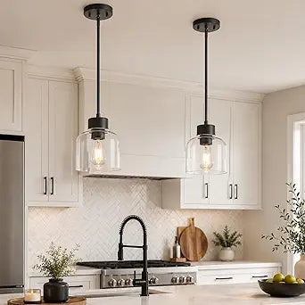 2-Pack Pendant Lights Kitchen Island, 7" Matte Black Hanging Lights Fixtures with Clear Glass Shade, Modern Kitchen Pendant Lighting Over Island for Dining Room, AD-24024-1P2-BK