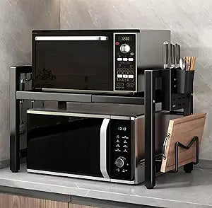 Extendable Microwave Oven Rack, 15.7~24.8" L Expandable Microwave Stand with Storage Shelf Heavy Duty with 6 Hooks and Chopsticks Cutting Board Holder for Kitchen Countertop