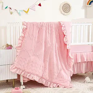 3-Piece Tufted Ruffle Crib Bedding Set for Girls - Ultra Soft Baby Bedding Set Includes Boho Crib Comforter, Sheet & Skirt (Light Pink)