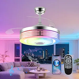 42" Modern RGB Ceiling Fan with Lights and Bluetooth Music Speaker,Color Change Motor Retractable Fandelier Ceiling Fan with Light and APP/Remote,6 Speed Silent Chandelier Fan for Bedroom Living Room