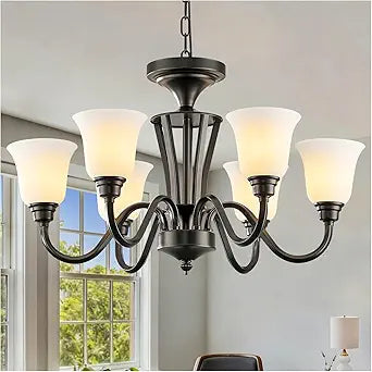 6-Light Dining Room Light Fixture BlackIndustrial Farmhouse Pendant Light with White Frosted Glass Shades, Rustic Vintage Hanging Chandelier for Kitchen IslandLiving Room&Home Decor