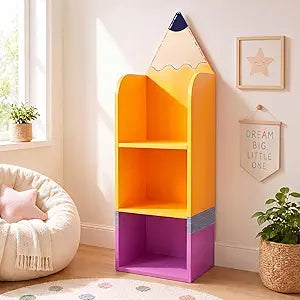 Lounsweer Pencil Classroom Bookshelf Reading Corner 3 Tier Bookcase Storage Shelf for Classroom with Pencil Top Stickers for Nursery Preschool Daycare Furniture Decor