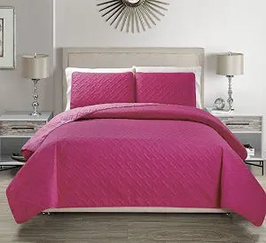 KingLinen Embossed Geometric Reversible Bedspread/Quilt/Coverlet with Sham Set (Hot Pink, King)