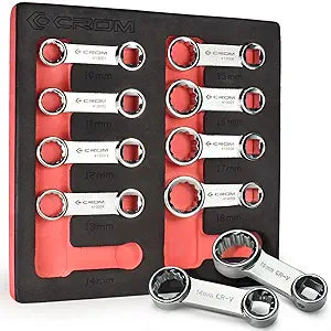 CROM Torque Adapter Extension Set - 10mm to 19mm 3/8" Drive 12-Point Box End Torque Wrench Adapter with EVA Foam Tray, Made from Corrosion-Resistant CR-V Steel and Chrome Finish