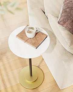 Masupu Drink Table, Round Side Table for Small Spaces, Pedestal Side Table, Small End Table with Metal Base, for Living Room, Bedroom, Bathroom, White