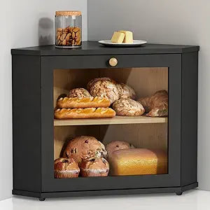 Goozii Corner Bread Box for Kitchen Countertop, Black Bread Storage Container for Homemade Bread, Two Layer Breadbox under Cabinet Mount, Large Bread Holder for Kitchen Counter, Pantry Shelf