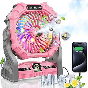 Misting Fan Portable with RGB Lantern, 30000 mAh Rechargeable Camping Mist Fan with Emergency Battery Power Bank Hurricane Supplies, Perfect Cooling Mister for Outdoor Travel