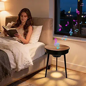 Smart Bluetooth Speaker Side Table with USB Ports and Built-in Speaker, Round Nightstand with Warm Ambient Lighting, Modern End Table for Bedroom and Living Room (Walnut)