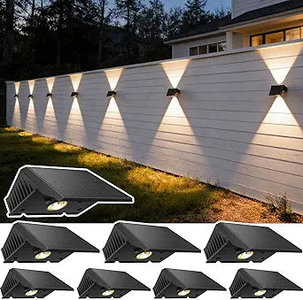 Solar Fence Lights Outdoor, 8 Pack Warm White Up and Down Solar Wall Lights, IP67 Waterproof LED Dusk to Dawn Solar Powered Fence Lights for Patio, Backyard, Deck, Garden, Yard, Outdoor Wall Decor