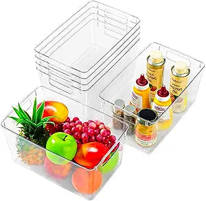 Freebat 6 Pack Large Clear Plastic Storage Bins,Plastic Containers with Handle for Pantry Organizer and Storage,Perfect for Kitchen,Fridge,Cabinet, Closet,Bathroom Under Sink Storage