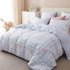 Blue Plaid Twin Comforter Set Pink Bow, Soft Microfiber Bedding